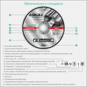 Круг отрезной по металлу и нержавеющей стали Ø230×2.5×22.2мм, 6650об/мин SIGMA (1940321) №4