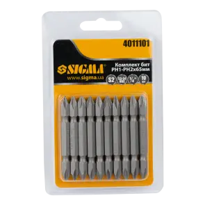 Набор бит двухсторонних PН1-PН2×65мм 1/4" 10шт S2 (блистер) SIGMA (4011101) №1