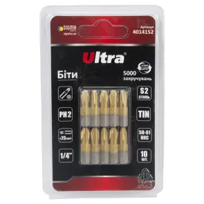 Біти PH2×25мм ¼" 10шт S2 TIN (блістер) ULTRA (4014152) №1