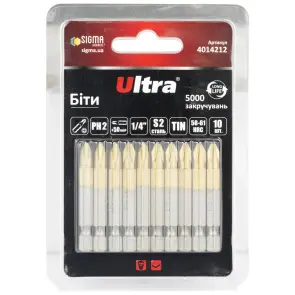 Біти PH2×50мм ¼" 10шт S2 TIN (блістер) ULTRA (4014212) №1