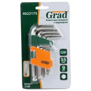Ключі шестигранні 9шт 1.5-10мм CrV (короткі куля) GRAD (4022175) №2