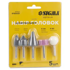 Набір головок шліфувальних 5шт хвостовик Ø6мм SIGMA (9190051) №7