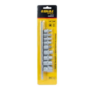 Набір насадок Torx (4 шт 1/4" 4шт 3/8") з перехідником на планці 9шт CrV SIGMA (6086541) №3