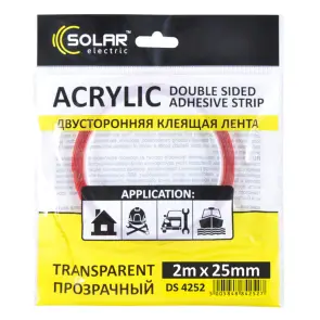 Стрічка клеюча двостороння Solar, ACRYLIC (VHB), прозора, 25ммx2м №1