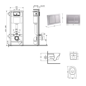 Готовое решение Qtap для ванной комнаты: подвесной унитаз Swan Ultra Quiet 520×360×320 + комплект инсталляции Nest 4 в 1 (квадратная клавиша Satin) №2