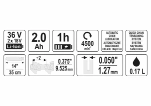 Аккумуляторная цепная пила YATO 36 В (2 x Li-Ion 18 В) 2 Ач 14"/35 см №6