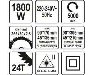 Пила торцьовальна з лазером YATO 1.8 кВт диск 255 x 30 мм №8