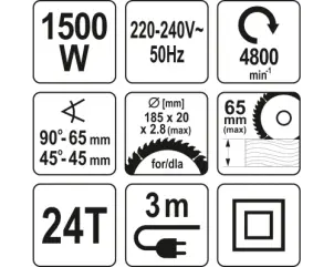 Пила дисковая сетевая YATO 1500 Вт диск 185 x 20 x 2.8 мм 0-45° 65 мм №5
