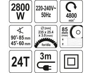 Пила дискова мережева YATO 2800 Вт диск 235 x 25.4 x 3 мм 0-45° 85 мм №4