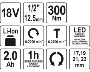 Гайковерт ударнийакумуляторний YATO Li-Ion 18 В 2 Агод 300 Нм + 4 насадки №8