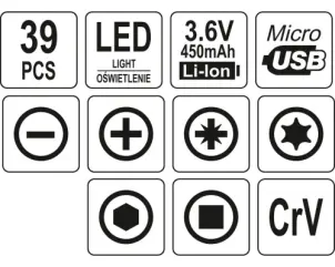 Викрутка акумуляторна з набором біт YATO Li-Ion 3.6В 450 мАгод LED-підсвітка HEX-1/4" 39 шт + кейс №7