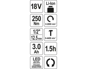 Гайковерт ударный аккумуляторный бесщеточный YATO Li-Ion 18 В 3 Ач 250 Нм 1/2" + Кейс №8