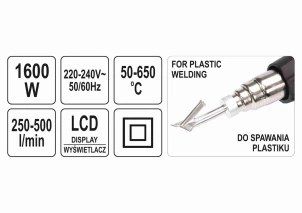 Фен технічний YATO 1.6 кВт 50-650°C 250-500л/хв 2 режими + 5 насадок №6