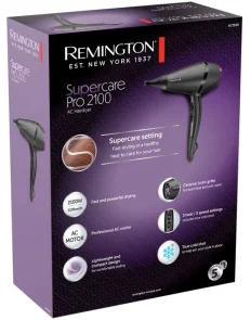 Фен Remington Supercare PRO 2100 AC motor, 2100Вт, 3 режима, иониз-я, холл. обдув, черный №10