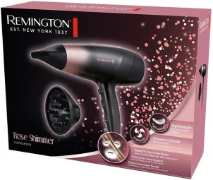 Фен Remington Rose Shimmer, 2200Вт, 3 режима, диффузор, иониз-я, холл. обдув, черно-розовый №6