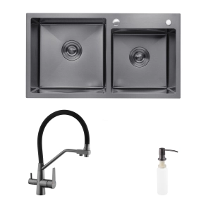 Комплект кухонна мийка Kroner Schwarze-7843ZHM PVD + змішувач Edelstahl Klassisch-PVD03817BLK + дозатор Spender-026 №1