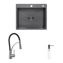 Комплект кухонна мийка Kroner Schwarze-6050HM PVD + змішувач Ersel-GRP03393BLK + дозатор Spender-026 купити в Україні