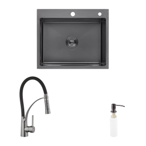 Комплект кухонна мийка Kroner Schwarze-6050HM PVD + змішувач Ersel-GRP03393BLK + дозатор Spender-026 №1