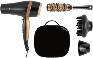 Фен Remington Salon Smooth, 2100Вт, 3 режими, дифузор,гребінець, кейс, іоніз-я, хол. обдув, , чорний №1