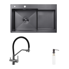 Комплект кухонна мийка Kroner Schwarze-7848LHM PVD + змішувач Edelstahl Klassisch-PVD03817BLK + дозатор Spender-026 №1