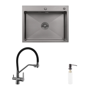 Комплект кухонна мийка Kroner Schwarze-6350HM PVD + змішувач Edelstahl Klassisch-PVD03817BLK + дозатор Spender-026 №1