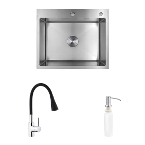 Комплект кухонна мийка Kroner Gebürstet-6050HM + змішувач Küche-C031BLK + дозатор Spender-016 №1