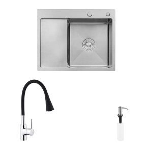 Комплект кухонна мийка Kroner Gebürstet-6350RHM + змішувач Küche-C031BLK + дозатор Spender-ECG049 №1