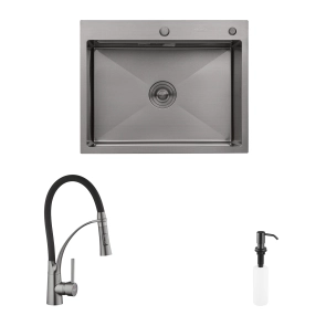 Комплект кухонна мийка Kroner Schwarze-6350HM PVD + змішувач Ersel-GRP03393BLK + дозатор Spender-SCH049 №1