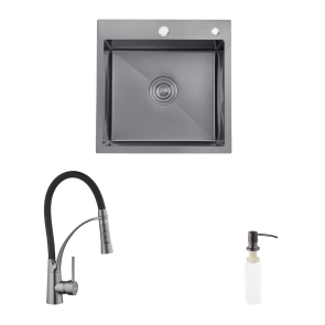 Комплект кухонна мийка Kroner Schwarze-5050HM PVD + змішувач Ersel-GRP03393BLK + дозатор Spender-026 №1