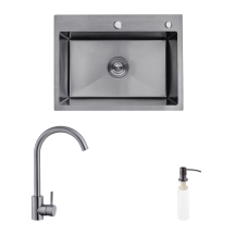 Комплект кухонна мийка Kroner Schwarze-5843HM PVD + змішувач Edelstahl Klassisch-SCH035PVD + дозатор Spender-026 купити в Україні