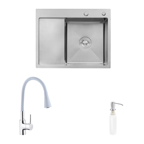 Комплект кухонна мийка Kroner Gebürstet-6350RHM + змішувач Küche-C031GRA + дозатор Spender-016 №1
