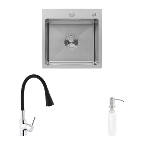 Комплект кухонна мийка Kroner Gebürstet-5050HM + змішувач Küche-C031BLK + дозатор Spender-016 №1