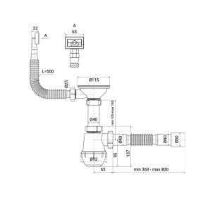 Сифон для кухни ZERIX SK-02-A 3 1/2"x40 с резьб. выпуском и гибким прямоугольным переливом №2
