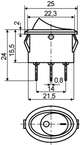 KCD1-9-101N R/B 220V Перемикач 1 клав. овал. червоний з підсвічуванням №2