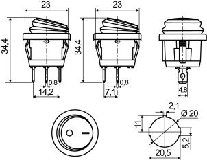 KCD1-5-101NW BL/B 220V Перемикач 1 клав.круглий вологозах. синій з підсвічуванням №2