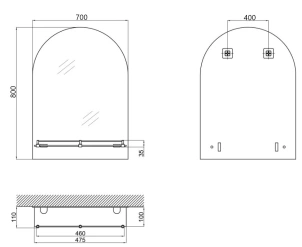 Зеркало настенное Zerix LAGUNA MRZ03-700x800x110 прямоугольное с дугообразным верхом и полкой (ZX56 №2