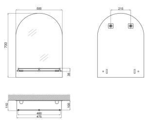 Зеркало настенное Zerix LAGUNA MRZ03-500x700x110 прямоугольное с дугообразным верхом и полкой (ZX56 №3
