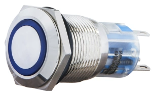 TYJ 19-271 Кнопка металлическая плоская с подсветкой, 1NO+1NC, синяя 24V. №1