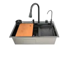 Кухонный комплект с многофункциональной мойкой Zerix ZH7546-SET-06 DECOR NANO-BLACK со встроенным смесителем (ZX5681)