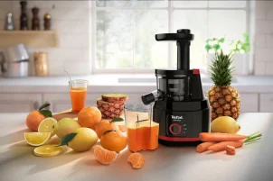 Соковитискач Tefal Juiceo шнековий 150Вт, чаша-0.8л, жмих-0.8л, насадка для цитрусових, пластик, червоно-чорний №7