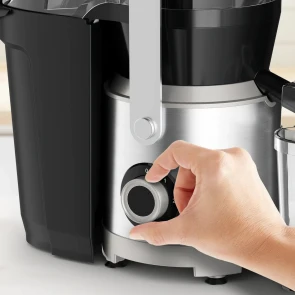 Соковитискач Tefal Nutri XXL відцентрований 1000Вт, чаша-0.8л, жмих-2.2л, жолоб на ціле яблуко, пластик/метал, чорний-нержавіюча сталь №8