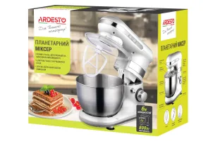 Міксер Ardesto планетарний 800Вт, насадки-3, чаша-нерж., метал, 4л, Pulse-режим, білий №7