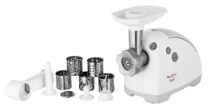 Мясорубка Moulinex, 2000Вт, 2.6кг/мин, 3 решетки, насадка для колбас, кеббе, 5 терок, пластик, бело-серый №3