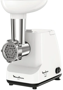 Мясорубка Moulinex, 1400Вт, 1.7кг/мин, 2 решетки, насадка для колбас, пластик, белый №1