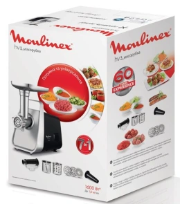 М'ясорубка Moulinex, 1600Вт, 1.9кг/хв, 3 решітки, насадка для ковбас, томатів, 3 терки, пластик/мет, чорно-срібний №6