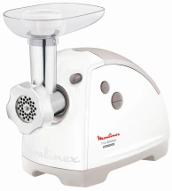 М'ясорубка Moulinex, 2000Вт, 2.6кг/хв, 2 решітки, насадка для ковбас, кеббе, томатів, 5 терок, пластик, біло-сірий