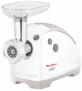 Мясорубка Moulinex, 2000Вт, 2.6кг/мин, 2 решетки, насадка для колбас, кеббе, томатов, 5 терок, пластик, бело-серый №1