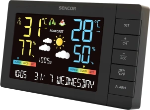 Метеостанція Sencor, внутр/зовн вимірювання, від мережі/AAx3+AAx2, темп-ра, вологість, час, прогноз погоди, атмосферний тиск, чорний №9