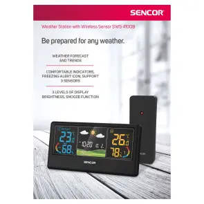Метеостанція Sencor, внутр/зовн вимірювання, від мережі/АААх3+ААх2, темп-ра, вологість, час, прогноз погоди, чорний №10