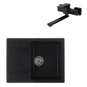 Комплект Смеситель для кухни настенный Koer KB-73010-05 (KR3491) + Мойка кухонная Zerix ZS-6550S-03 Черная (ZX4540) №1